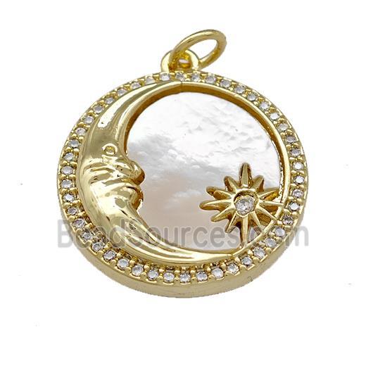 Moon Charms Copper Circle Pendant Micro Pave Shell Zirconia 18K Gold Plated