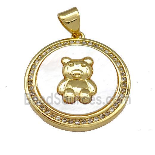 Copper Bear Pendant Pave Shell Zirconia Circle 18K Gold Plated