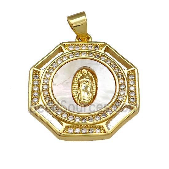 Virgin Mary Copper Pendant Pave Shell Zirconia Polygon 18K Gold Plated