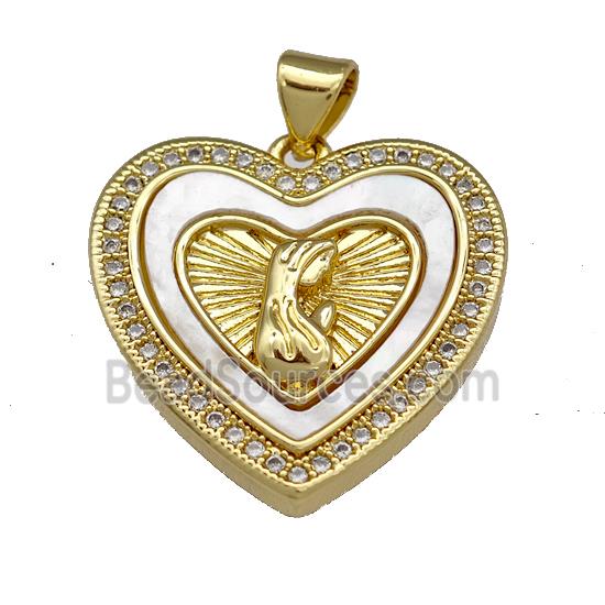 Virgin Mary Copper Heart Pendant Pave Shell Zirconia Prayer 18K Gold Plated