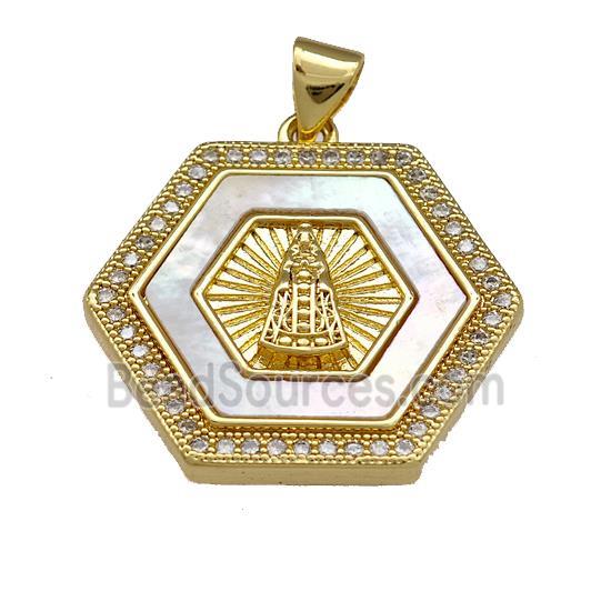 Virgin Mary Charms Copper Hexagon Pendant Pave Shell Zirconia 18K Gold Plated