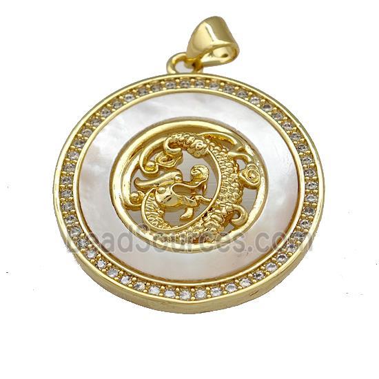 Dragon Charms Copper Circle Pendant Pave Shell Zirconia 18K Gold Plated