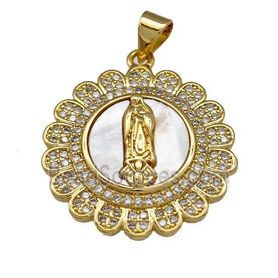 Jesus Charms Copper Circle Pendant Pave Shell Zirconia 18K Gold Plated