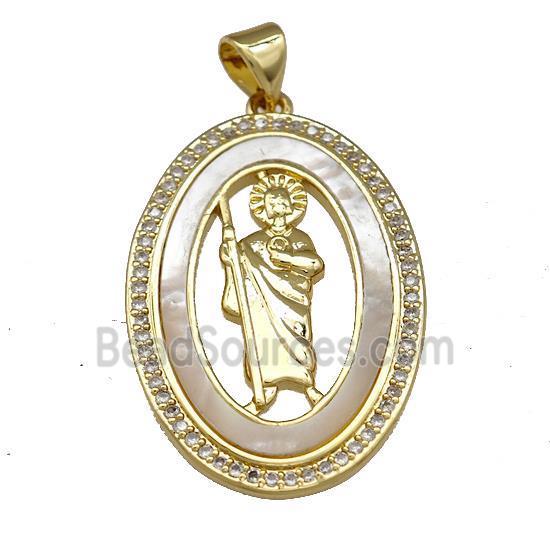 Jesus Charms Copper Oval Pendant Pave Shell Zirconia 18K Gold Plated