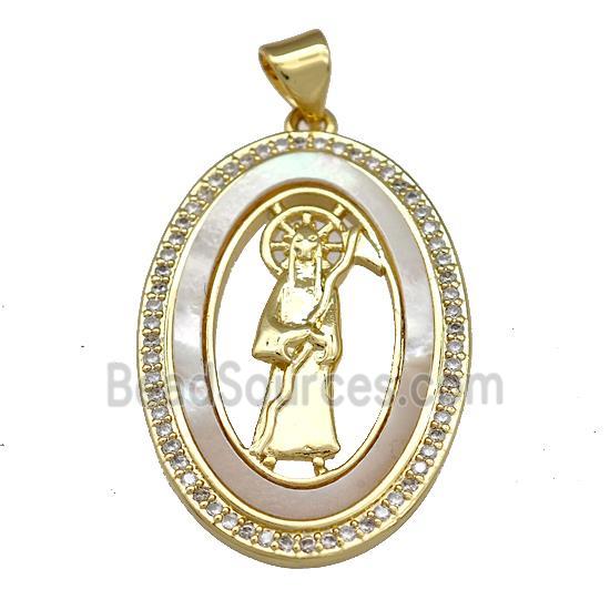 Jesus Charms Copper Oval Pendant Pave Shell Zirconia 18K Gold Plated