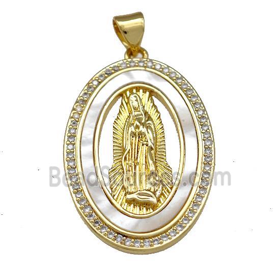 Virgin Mary Charms Copper Oval Pendant Pave Shell Zirconia 18K Gold Plated