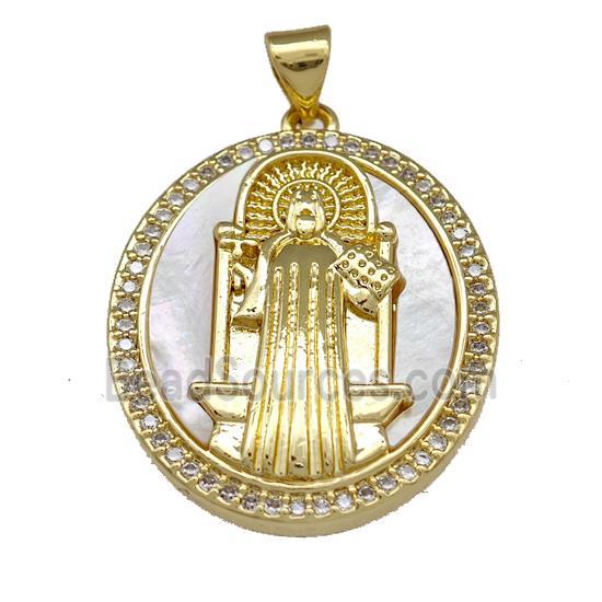 Jesus Charms Copper Oval Pendant Pave Shell Zirconia 18K Gold Plated