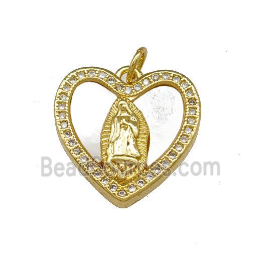 Copper Heart Pendant Pave Shell Zirconia Virgin Mary 18K Gold Plated