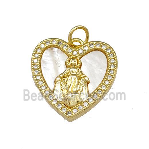 Virgin Mary Copper Heart Pendant Pave Shell Zirconia 18K Gold Plated