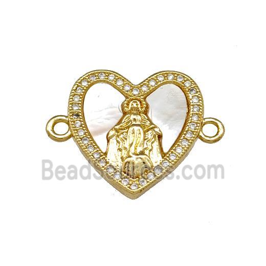 Virgin Mary Copper Heart Connector Pave Shell Zirconia 18K Gold Plated