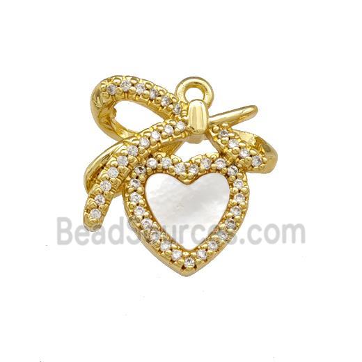 Copper Heart Pendant Pave Shell Zirconia Bowknot 18K Gold Plated