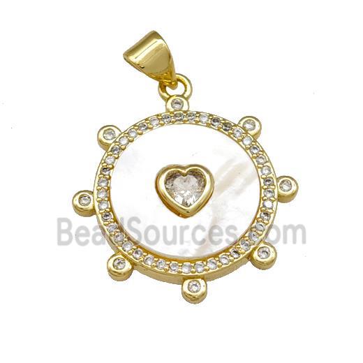 Copper Circle Pendant Pave Shell Zirconia Heart 18K Gold Plated