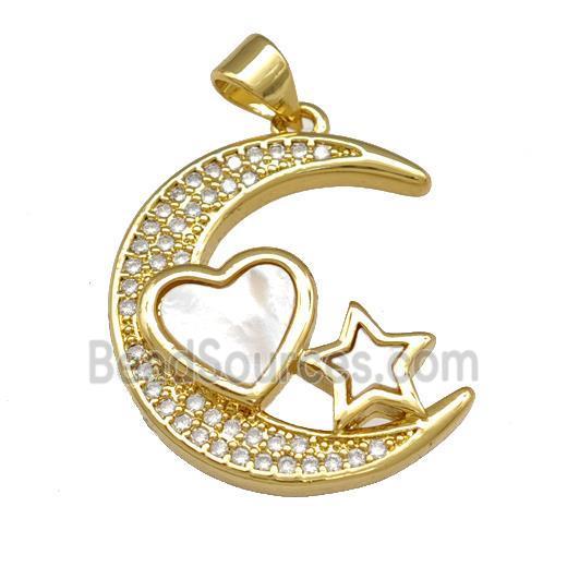 Copper Moon Pendant Pave Shell Zirconia Heart Star 18K Gold Plated