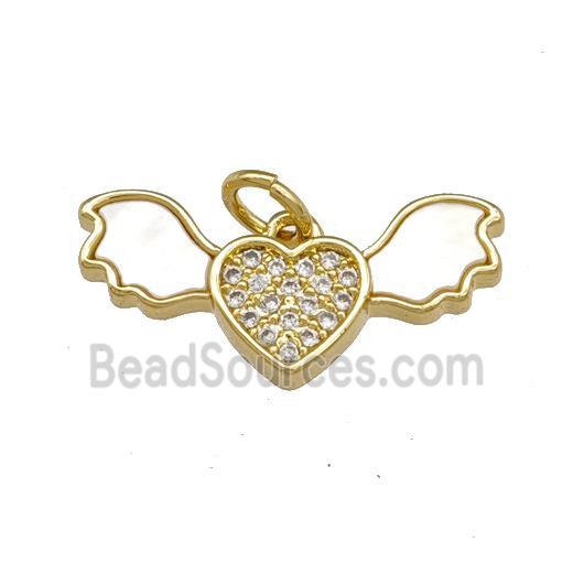 Copper Angel Wings Pendant Pave Shell Zirconia Heart 18K Gold Plated