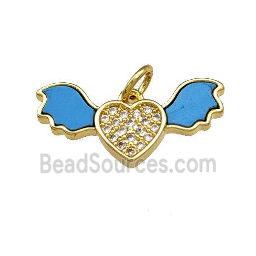 Copper Angel Wings Pendant Pave Shell Zirconia Heart 18K Gold Plated