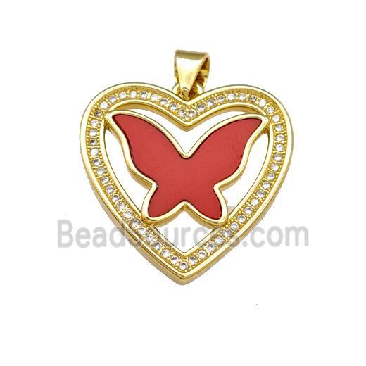 Copper Heart Pendant Pave Shell Zirconia Butterfly 18K Gold Plated