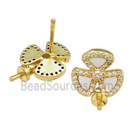 Copper Stud Earrings Pave Shell Zirconia With Bail Clover 18K Gold Plated