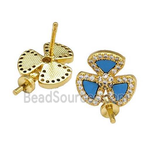 Copper Stud Earrings Pave Shell Zirconia With Bail Clover 18K Gold Plated