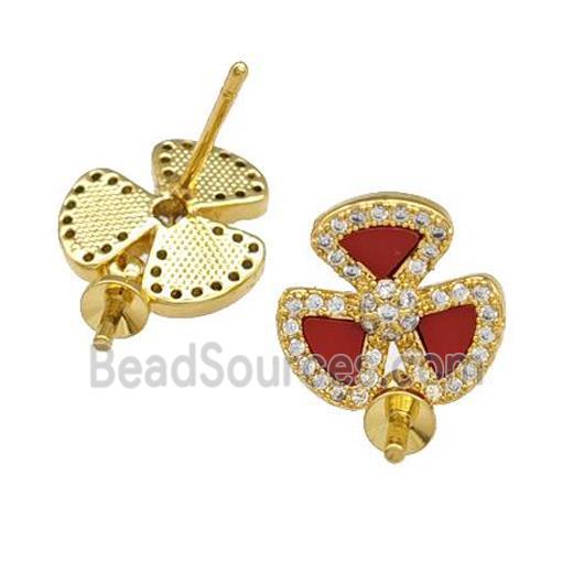 Copper Stud Earrings Pave Shell Zirconia With Bail Clover 18K Gold Plated