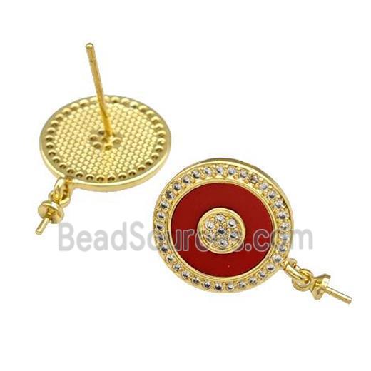 Copper Stud Earrings Pave Shell Zirconia With Bail Circle 18K Gold Plated