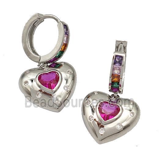 Copper Hoop Earrings Micro Pave Fuchsia Zirconia Heart Platinum Plated