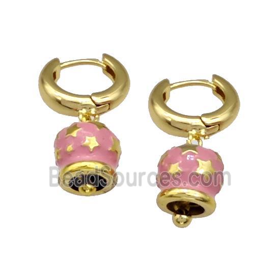 Copper Hoop Earrings With Bell Pink Enamel Star Gold Plated