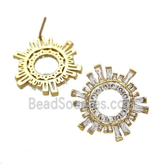 Copper Stud Earrings Micro Pave Zirconia Sun Gold Plated