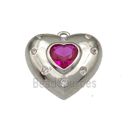 Copper Heart Pendant Micro Pave Fuchsia Zirconia Platinum Plated