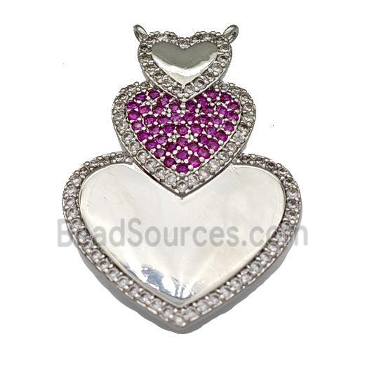 Copper Heart Pendant Micro Pave Zirconia 2loops Platinum Plated