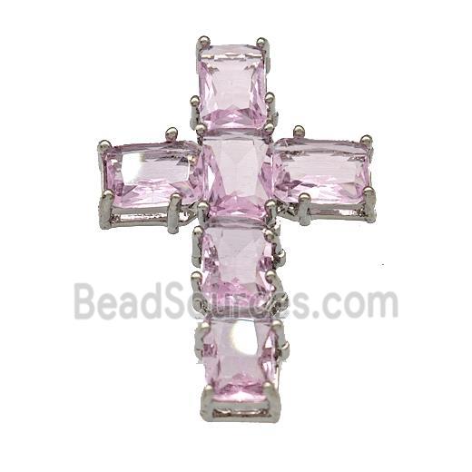 Copper Cross Pendant Micro Pave Pink Crystal Platinum Plated