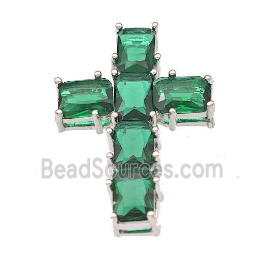 Copper Cross Pendant Micro Pave Green Crystal Platinum Plated