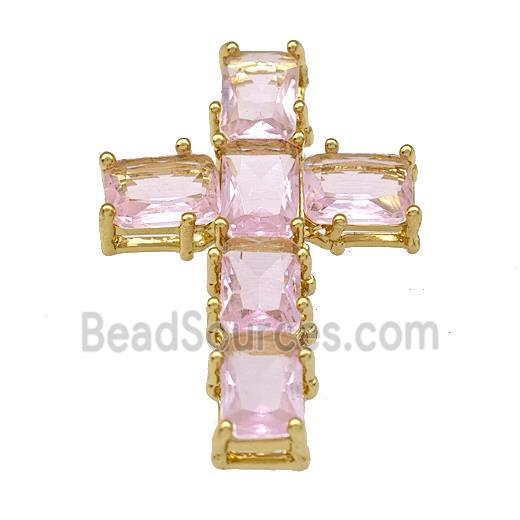 Copper Cross Pendant Micro Pave Pink Crystal Gold Plated