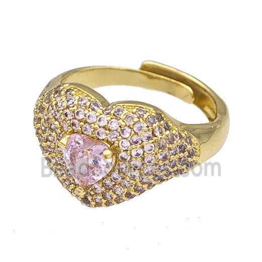 Copper Heart Rings Micro Pave Pink Zirconia Adjustable Gold Plated