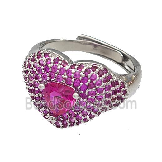 Copper Heart Rings Micro Pave Fuchsia Zirconia Adjustable Platinum Plated