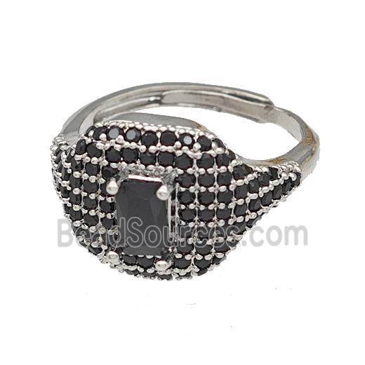 Copper Rings Micro Pave Black Zirconia Adjustable Platinum Plated