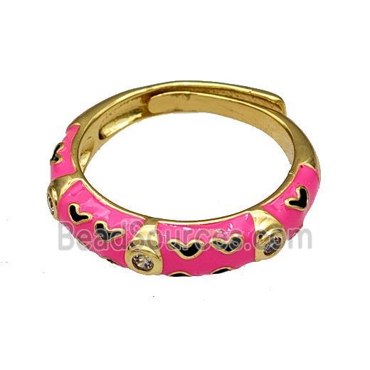 Copper Rings Pave Zircon HotPink Enamel Adjustable Gold Plated