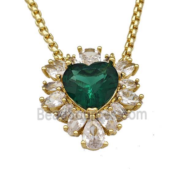 Copper Necklace Heart Micro Pave Green Crystal Glass Gold Plated