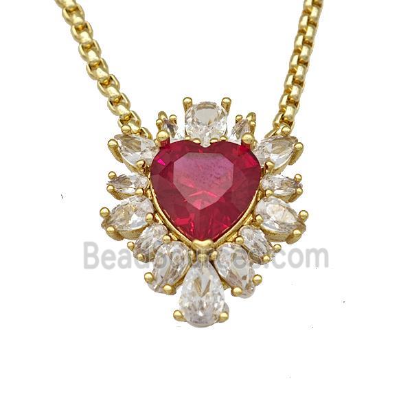 Copper Necklace Heart Micro Pave Red Crystal Glass Gold Plated