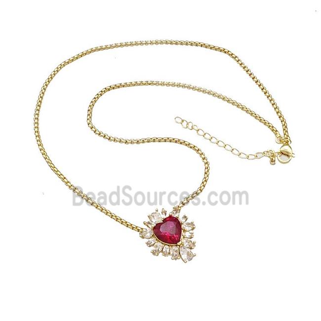 Copper Necklace Heart Micro Pave Red Crystal Glass Gold Plated