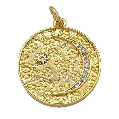 Copper Circle Pendant Micro Pave Zirconia Moon Gold Plated