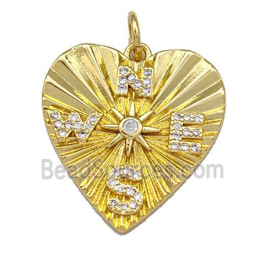 Copper Heart Pendant Micro Pave Zirconia Compass Gold Plated