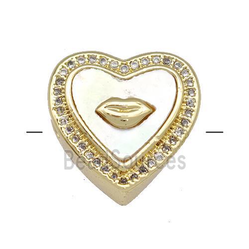 Copper Heart Beads Pave Shell Zircon Lips 18K Gold Plated