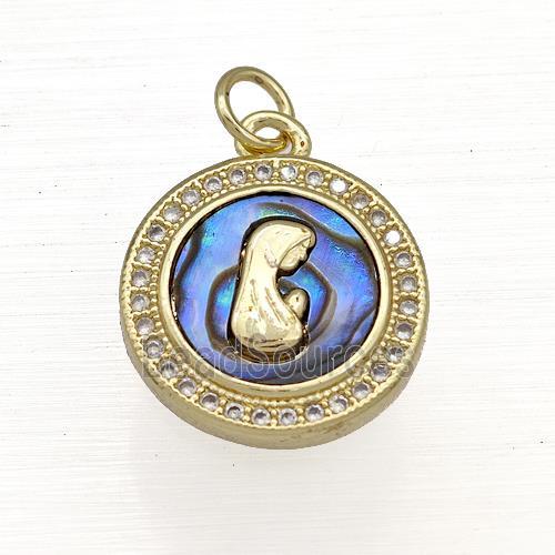 Copper Circle Pendant Pave Abalone Shell Zircon Virgin Mary 18K Gold Plated