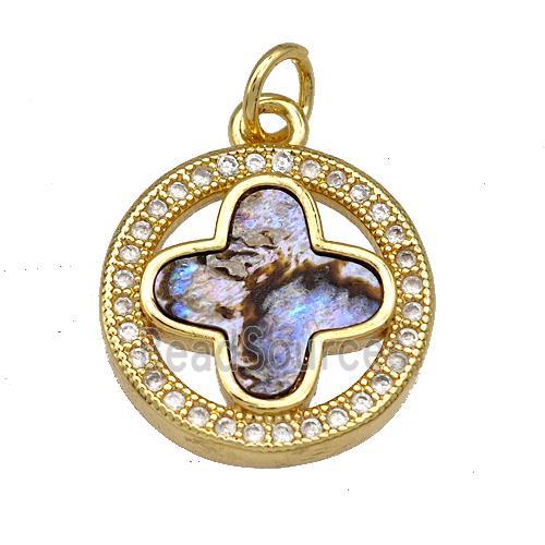 Copper Circle Pendant Pave Abalone Shell Clover 18K Gold Plated