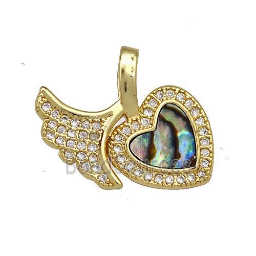 Copper Heart Pendant Pave Abalone Shell Zircon Tail 18K Gold Plated