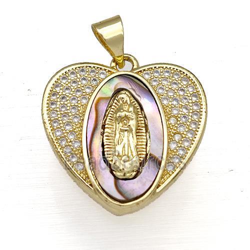 Copper Heart Pendant Pave Abalone Shell Zircon Virgin Mary 18K Gold Plated