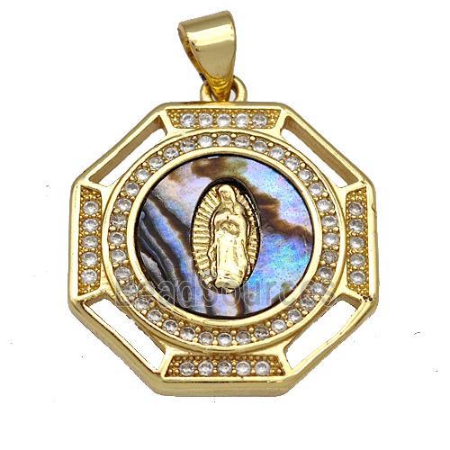 Copper Octagon Pendant Pave Abalone Shell Zircon Religious Virgin Mary 18K Gold Plated