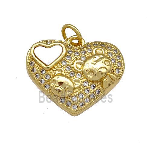 Copper Heart Pendant Pave Shell Zirconia Bear Charms 18K Gold Plated