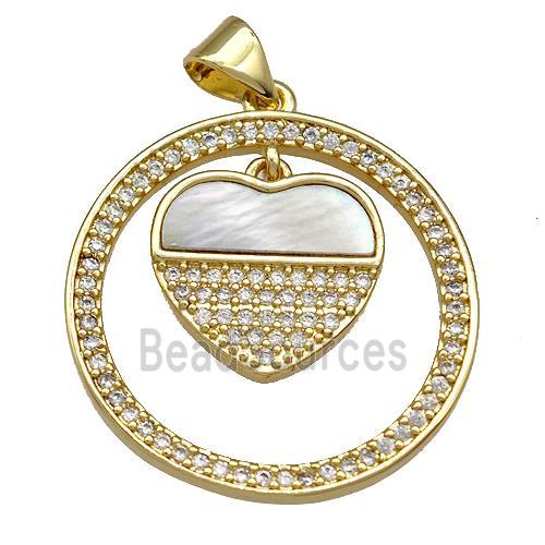 Copper Circle Pendant Pave Shell Zircon Heart 18K Gold Plated