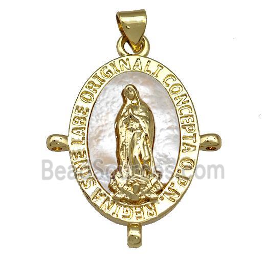 Virgin Mary Charms Copper Oval Pendant Pave Shell Religious 18K Gold Plated